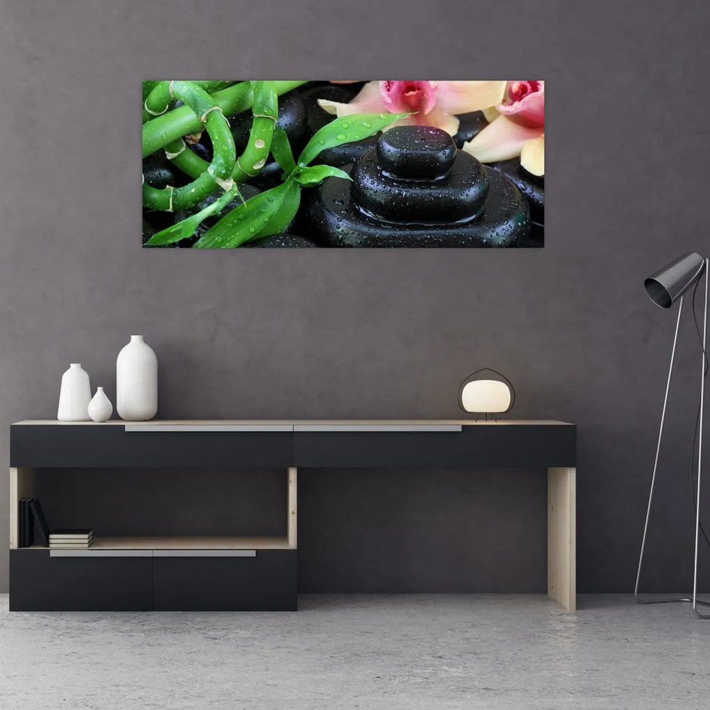 Obraz - Kamene a orchidey (120x50 cm)