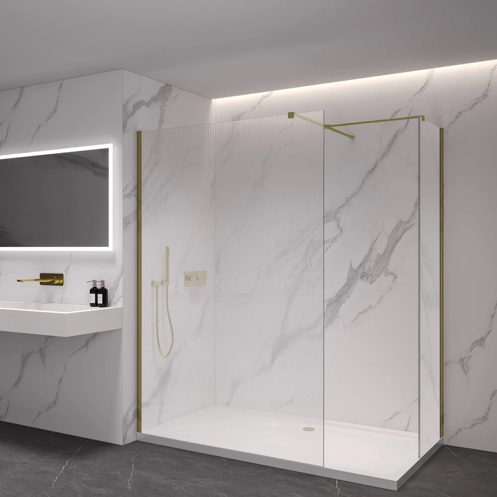 Cerano Onyx, sprchová zástena Walk-in, hranatá vzpera - zlatá kartáčovaná, ryhované sklo - 120x90 cm, CER-CER-8050BD3747