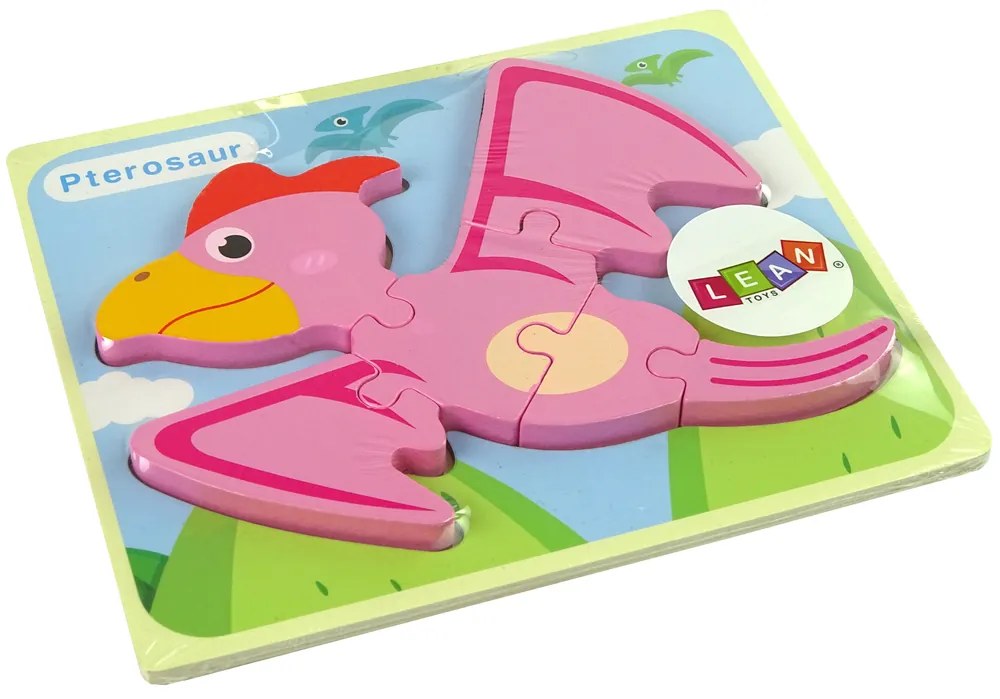 LEAN TOYS Drevené puzzle PTERODAKTYL / PLIOSAURS ružová, modrá