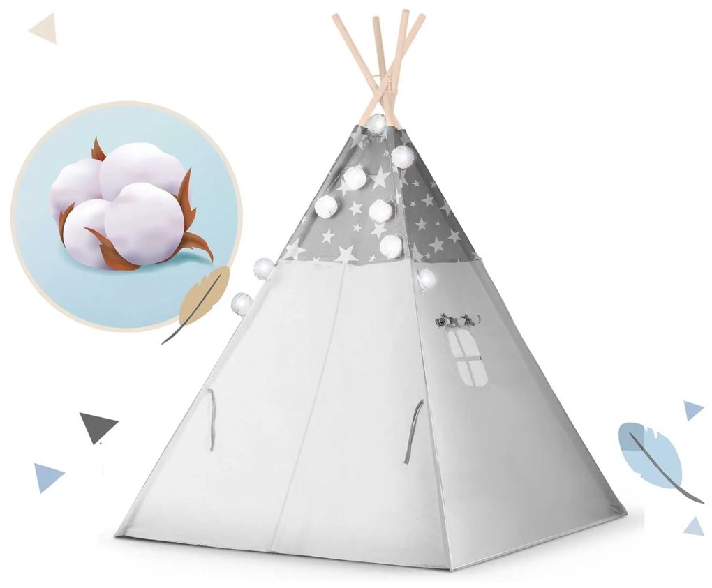 Detský stan teepee s girlandou a svetlami Nukido - sivý s hviezdičkami