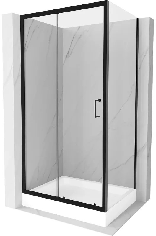 Mexen Apia, sprchový kút s posuvnými dverami 120 (dvere) x 90 (stena) cm, 6mm číre sklo, čierny profil + biela sprchová vanička RIO, 840-120-090-70-00-4510