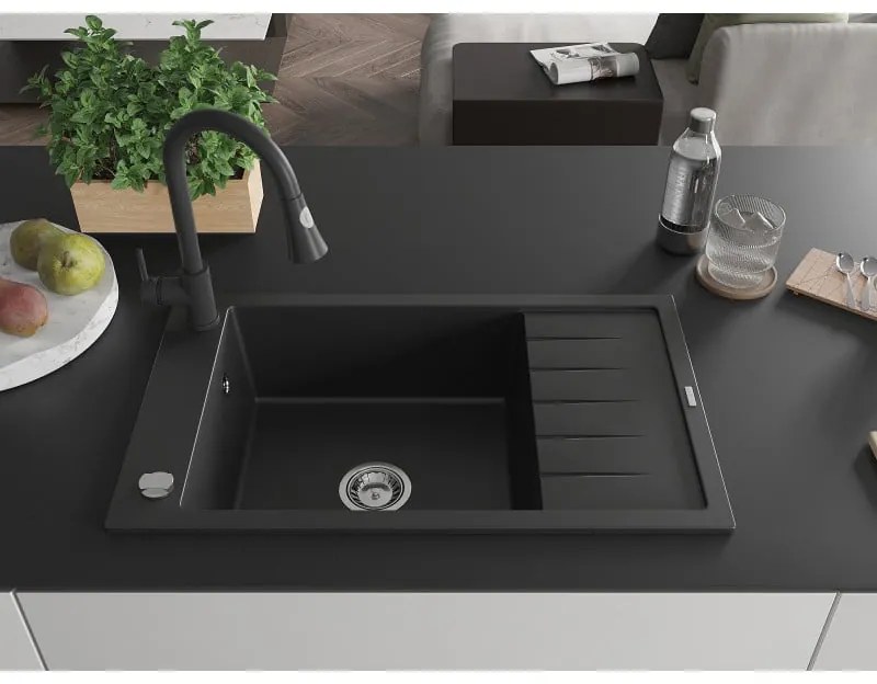 Mexen Elias, 1-komorový granitový drez 795x480x200 mm a drezová batéria Elia, čierna, 6511-77-670101-70