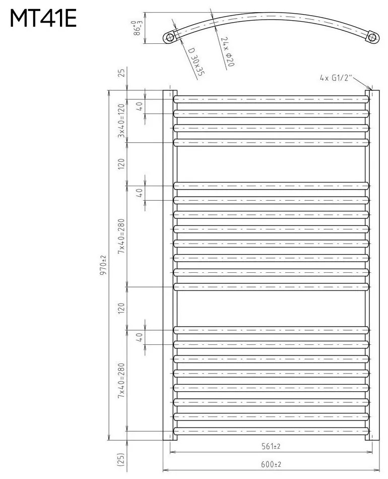 Mereo Mereo, Vykurovací rebrík oblý, 600x970 mm, 600 W, biely, elektrický, MER-MT41E