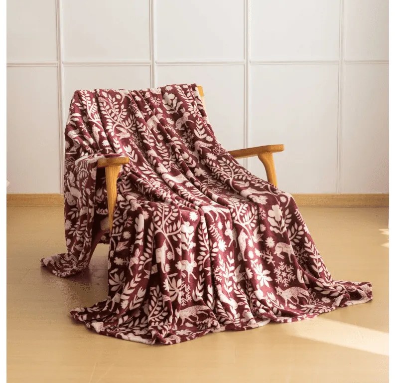 Mikroplyšová deka FOREST ANIMALS, vínová Rozmer: 200 x 220 cm