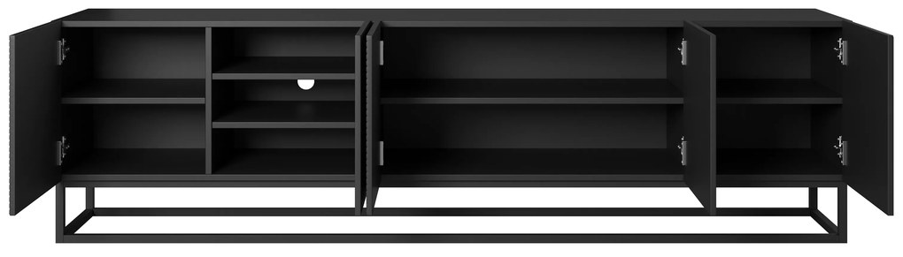 TV skrinka Asha 200 cm s ryhovanými dvierkami a kovovou podnožou - čierny mat