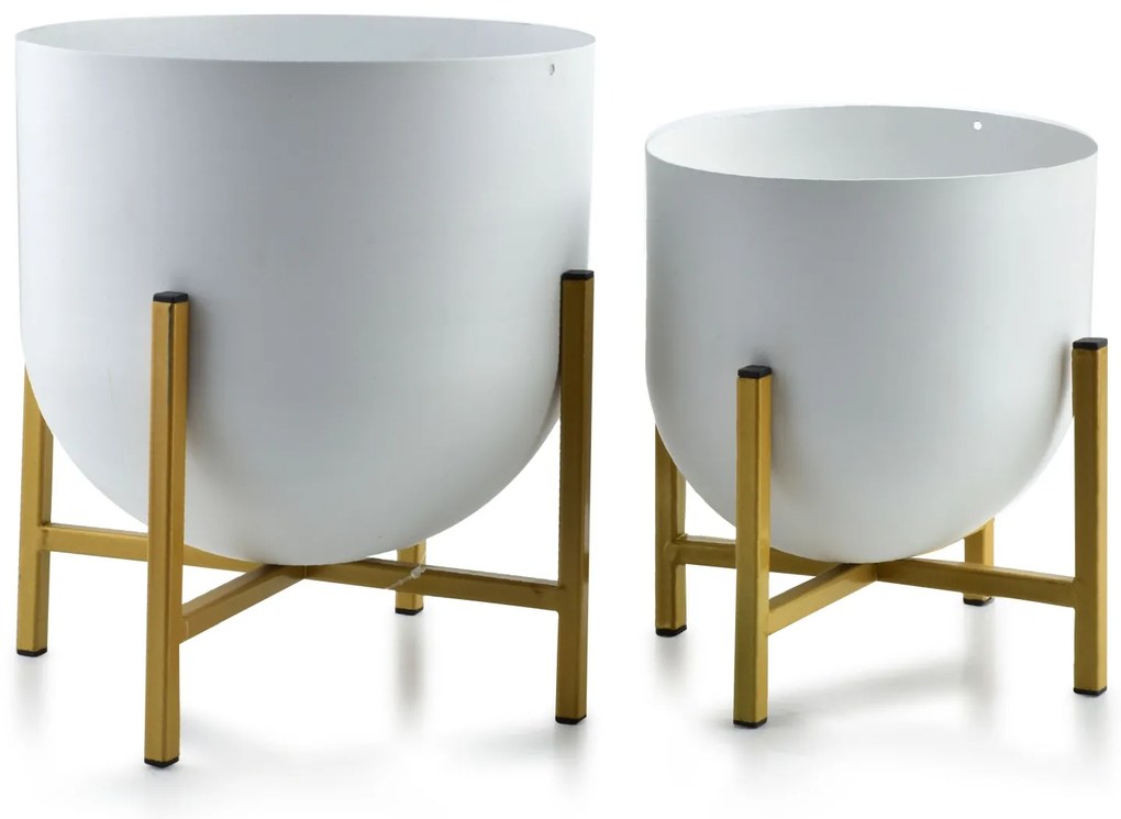 KOVOVÝ KVETINÁČ SO STOJANOM BOULE SADA 2KS 20X22 CM+16X17 CM BIELA/ZLATÁ