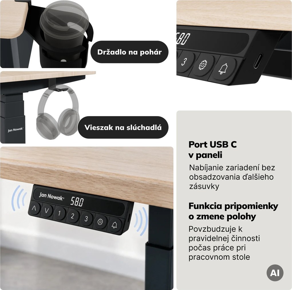 Elektrický stôl s reguláciou výšky ergonomický antracitový/dub sonoma,1200x600 mm: ARIA