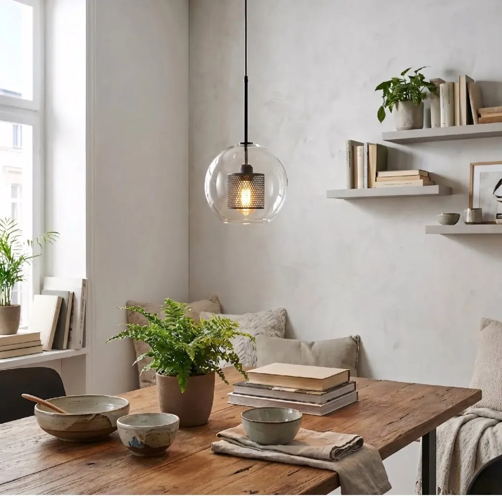 Toolight - Sklenená závesná lampa loft APP557-1CP 20cm 1xE27 60W, čierna, OSW-08750