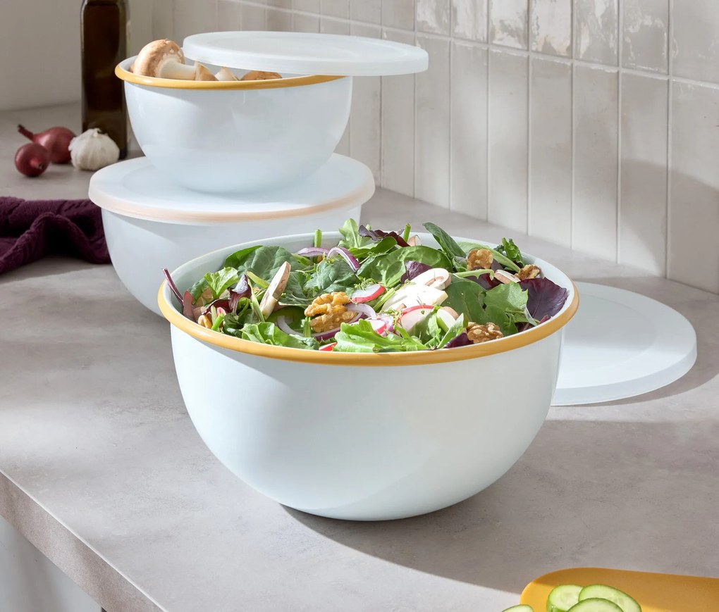 Smaltované misy s vekom na servírovanie a prípravu pokrmov, 3 ks