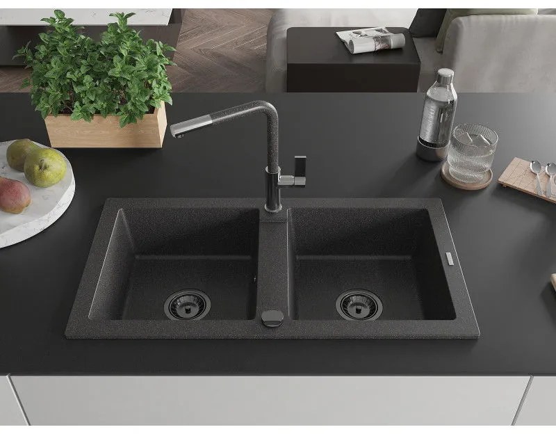 Mexen Mario, 2-komorový granitový drez 820x436x161 mm a drezová batéria Flora, čierna škvrnitá, 6504-76-670401-08-B