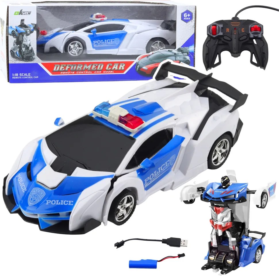 LEAN Toys Auto Robot 2W1 Policajné auto na diaľkové ovládanie RC 1:18