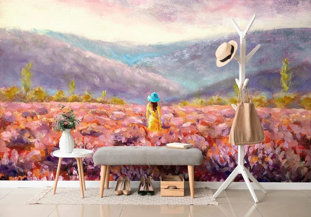 Samolepiaca tapeta maľba ženy uprostred kvetinovej lúky