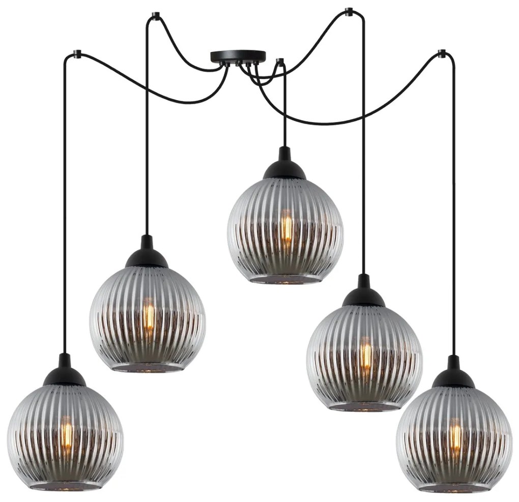 Závesné svietidlo Riffle Round Sipder, 5x grafitové sklenené tienidlo