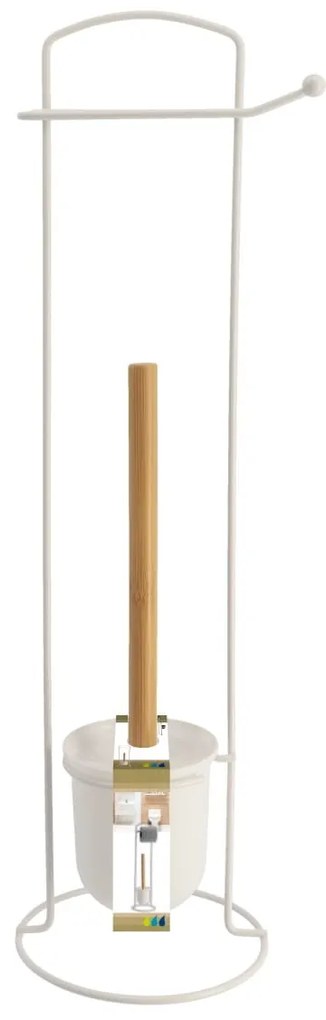 Stojan na toaletný papier a WC kefu White Bamboo, biela/s drevenými prvkami, O
