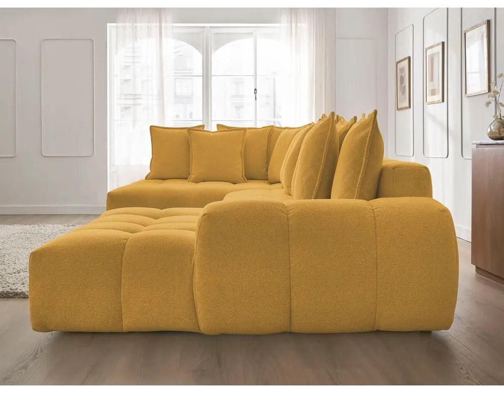 Ženilková rozkladacia/s úložným priestorom rohová pohovka v horčicovej farbe (ľavý roh/do tvaru "U") Everest – Bobochic Paris