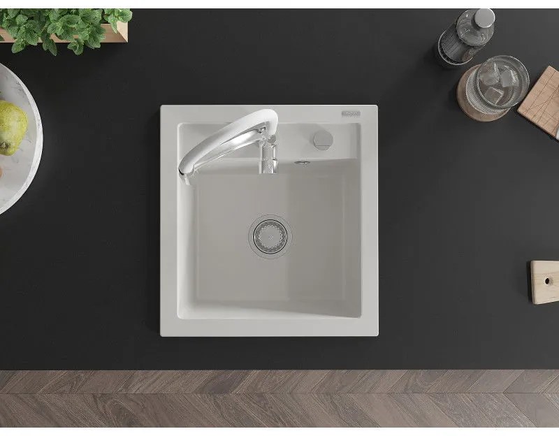 Mexen Vito, 1-komorový granitový drez 520x490x210 mm, drezová batéria Aster, biela, 6503-20-73450-02
