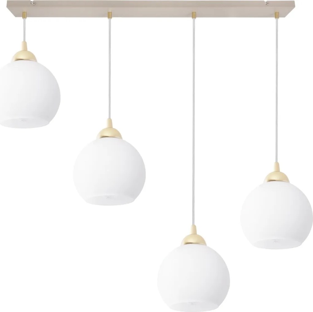 Závesné svietidlo Eliza, 4x biele sklenené tienidlo, g/be