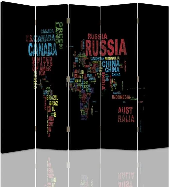 CARO Paraván - World Map With Subtitles | päťdielny | obojstranný 180x150 cm