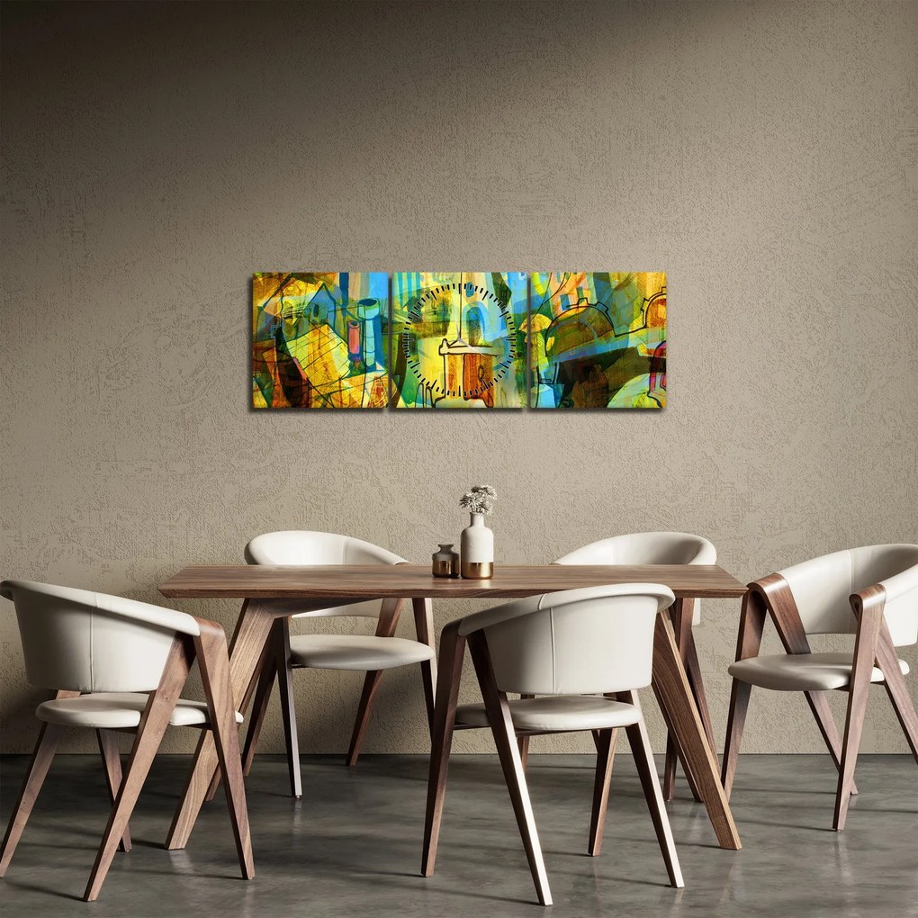 Obraz - Architektúra, kubistická abstrakcia (s hodinami) (90x30 cm)