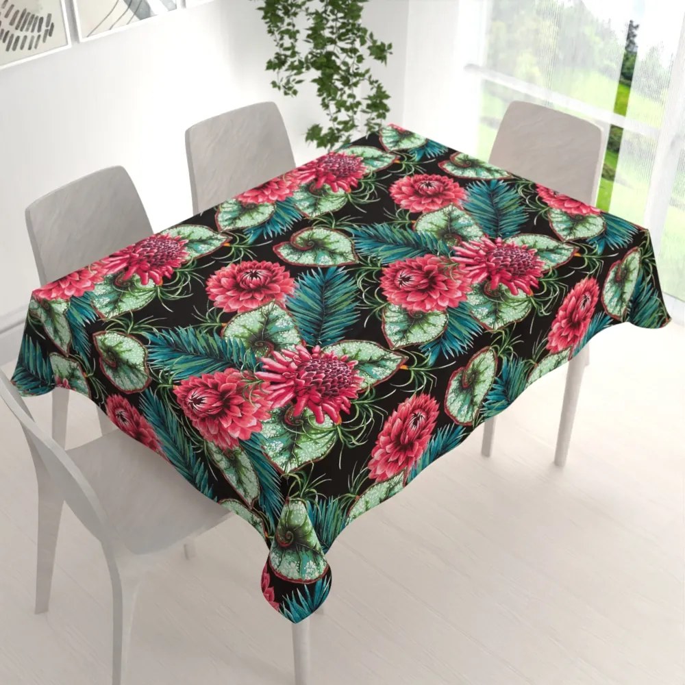 Biante Bavlnený obdĺžnikový obrus Sandra SA-566 Veľké tropické kvety a listy na čiernom 60x100 cm