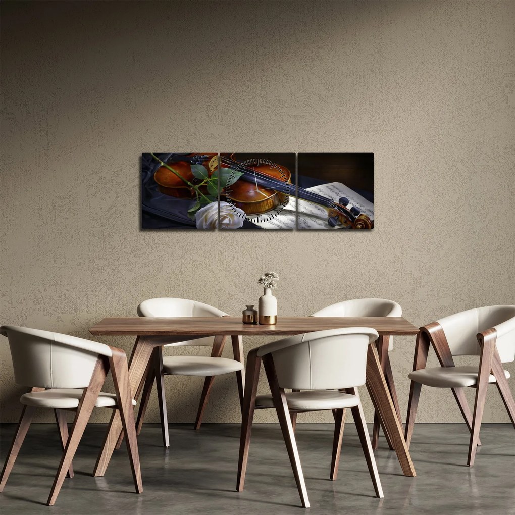 Obraz - Ruže a husle (s hodinami) (90x30 cm)