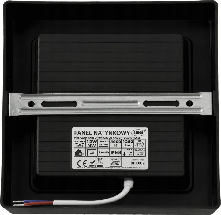 LED prisadený stropný panel – štvorec, 12 W, 1200 lm, čierny