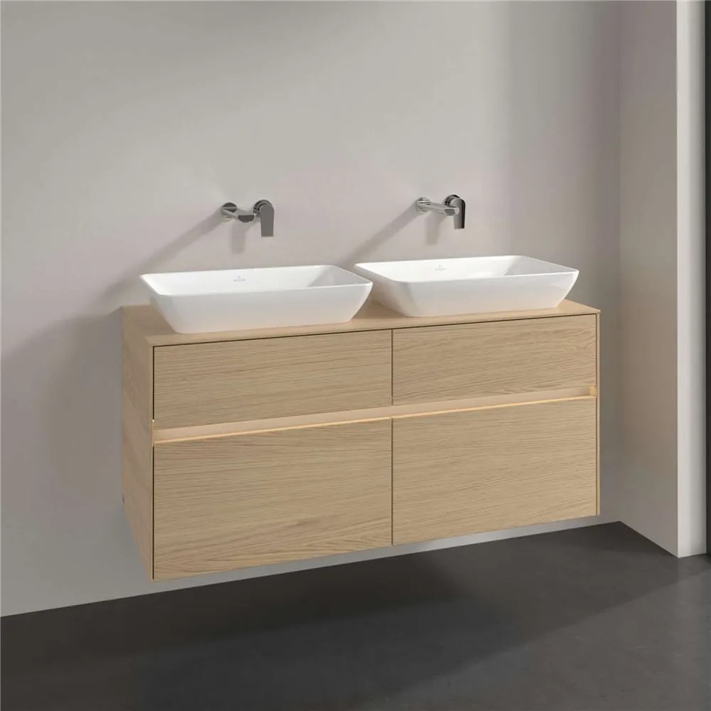 VILLEROY &amp; BOCH Collaro závesná skrinka pod dve umývadlá na dosku, 4 zásuvky, s LED osvetlením, 1200 x 500 x 548 mm, Nordic Oak, C115B0VJ