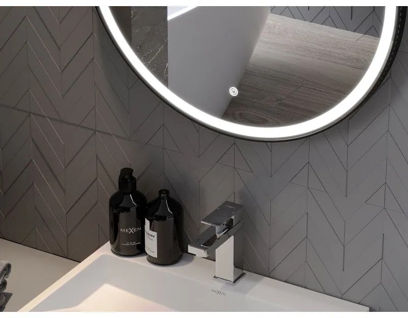 Mexen Reni, LED kúpeľňové zrkadlo s podsvietením 70x70 cm, 6000K, čierny rám, ochrana proti zahmlievaniu, 9812-070-070-611-70