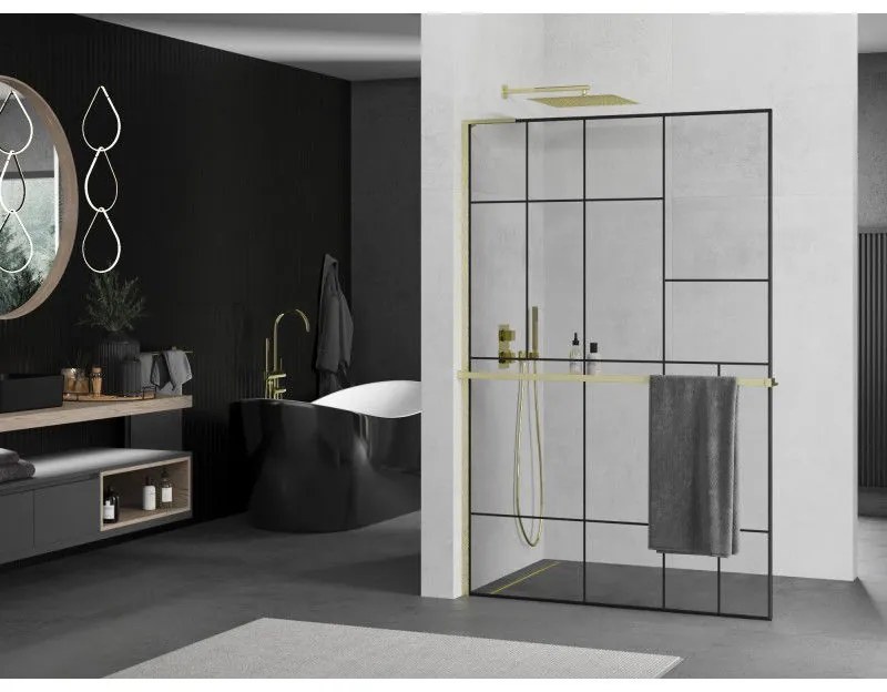 Mexen Kioto+ L, sprchová zástena Walk-In s poličkou a vešiakom 120 x 200 cm, 8mm číre sklo čierny vzor, zlatý matný profil, 800-120-123-55-78