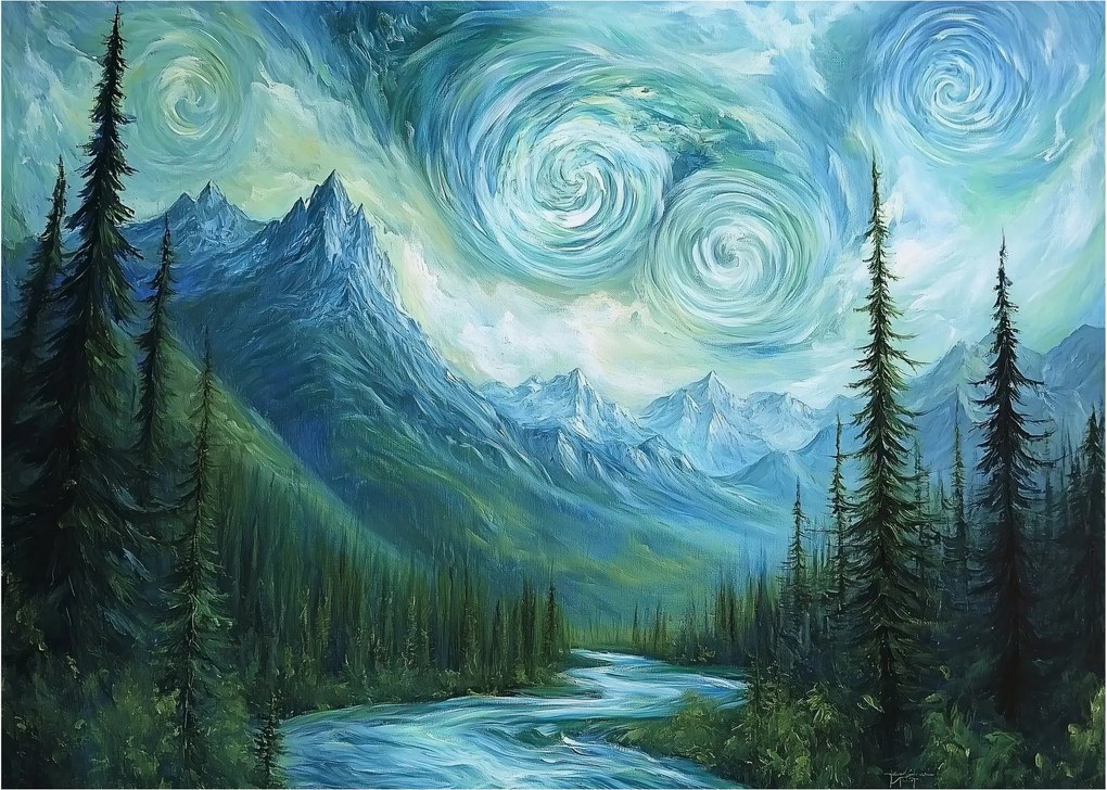 Sklenený obraz - Krajina s nádychom Van Gogha (70x50 cm)