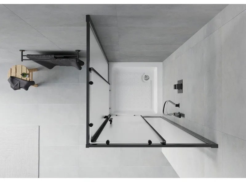 Mexen Rio, štvorcový sprchovací kút s posuvnými dverami 80(dvere) x 80(dvere) x 190 cm, 6mm sklo námraza, čierny profil + biela sprchová vanička RIO, 860-080-080-70-30-4510