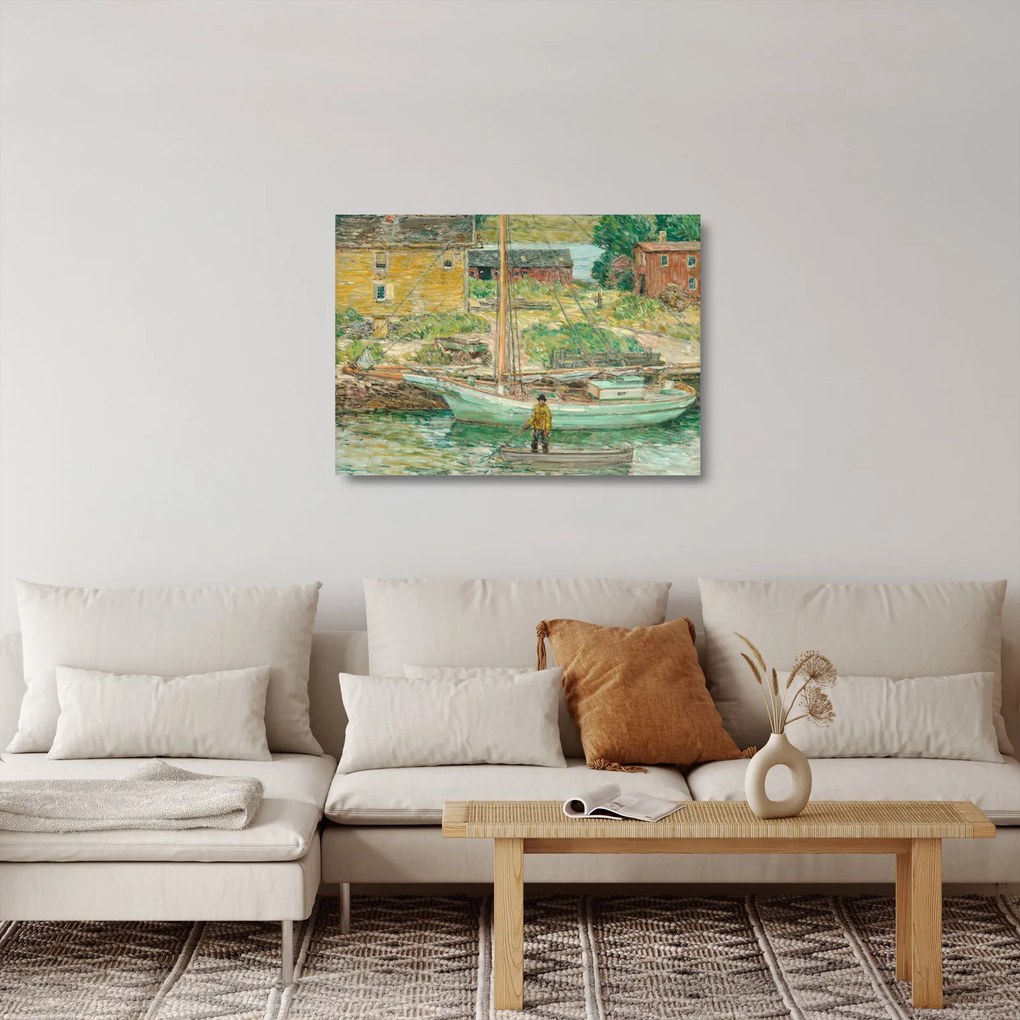 Sklenený obraz - Childe Hassam, Oyster Sloop, Cos Cob, reprodukcia (70x50 cm)