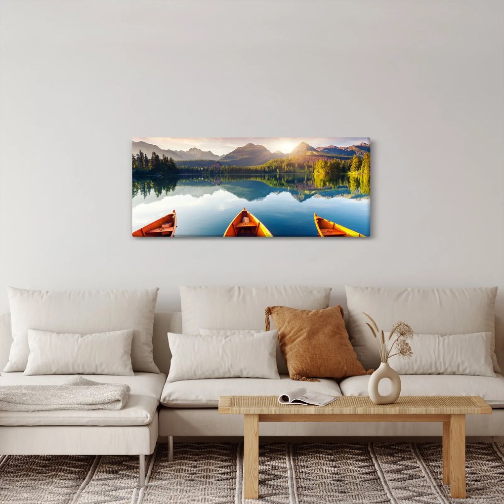 Obraz - Jazero s loďkami (120x50 cm)