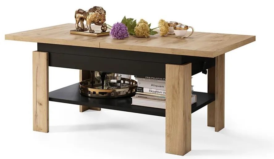 Rozkladací konferenčný/jedálenský stôl so zdvíhacou doskou ROY dub craft/čierna