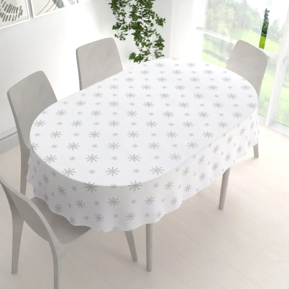 Biante Teflónový oválny obrus TF-112 Vianočné sivé vločky na bielom 100x140 cm