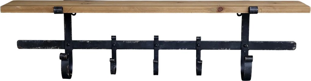 Hnedá antik drevená nástenná polička s kovovými háčikmi Hael - 92*18*25cm