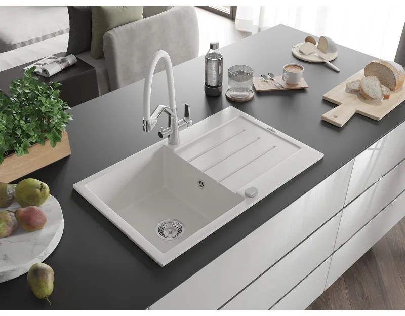 Mexen Bruno, 1-komorový granitový drez 795x495x200 mm a drezová batéria Duo, biela, 6513-20-671701-02