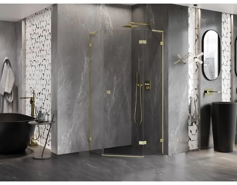 Mexen Lunar, L päťuholníkový sprchový kút s pravým sklonom 90 x 90 cm, 8mm číre sklo, zlatý matný profil, 831L-090P-090L-55-00-P