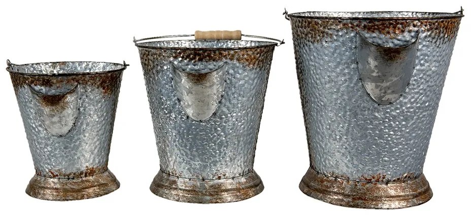 3ks šedé plechové dekoračné vedro - Ø 26*28 / Ø 22*24 / Ø 18*20 cm