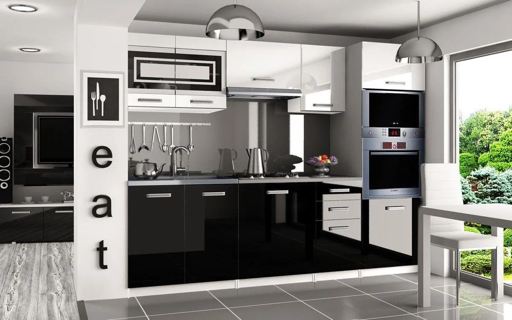 Kuchynská linka Belini 240 cm biely lesk / čierny lesk s pracovnou doskou Paula2  INF PAULA2/4/WT/WB/0/B1