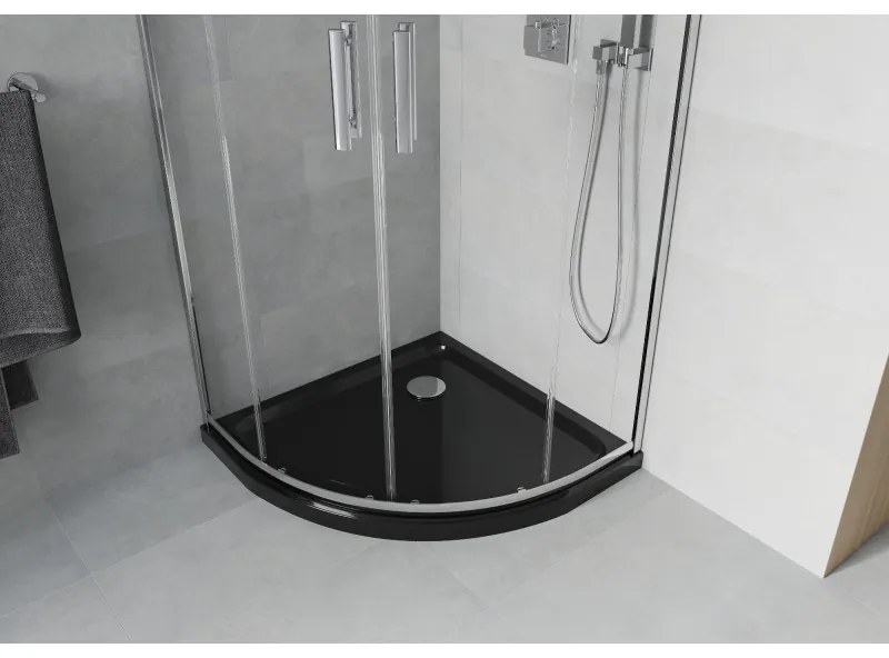 Mexen Rio, štvrťkruhový sprchovací kút s posuvnými dverami 90 x 90 cm, 6mm číre sklo, chrómový profil + čierna sprchová vanička, 863-090-090-01-00-4170