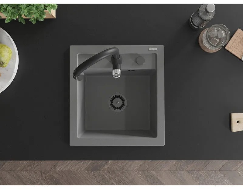 Mexen Vito, 1-komorový granitový drez 520x490x210 mm a drezová batéria Savita, šedá, 6503-71-672601-70-B
