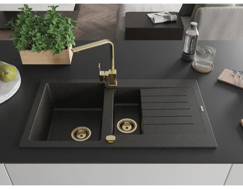 Mexen Matias, granitový drez 900x505x200 mm, 1,5-komorový a zlatá batéria Rita, čierna-zlatá metalíza, 6502-75-670300-50