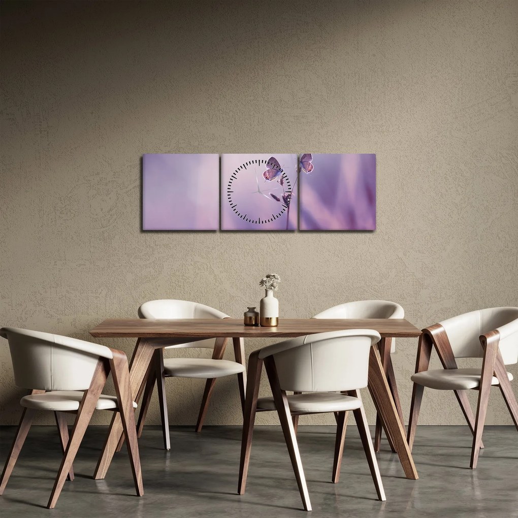 Obraz - Fialové motýliky (s hodinami) (90x30 cm)