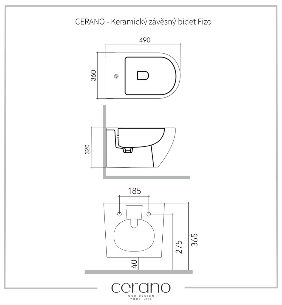 Cerano Fizo, keramický závesný bidet 490x360x370 mm, čierna matná, CER-CER-417404