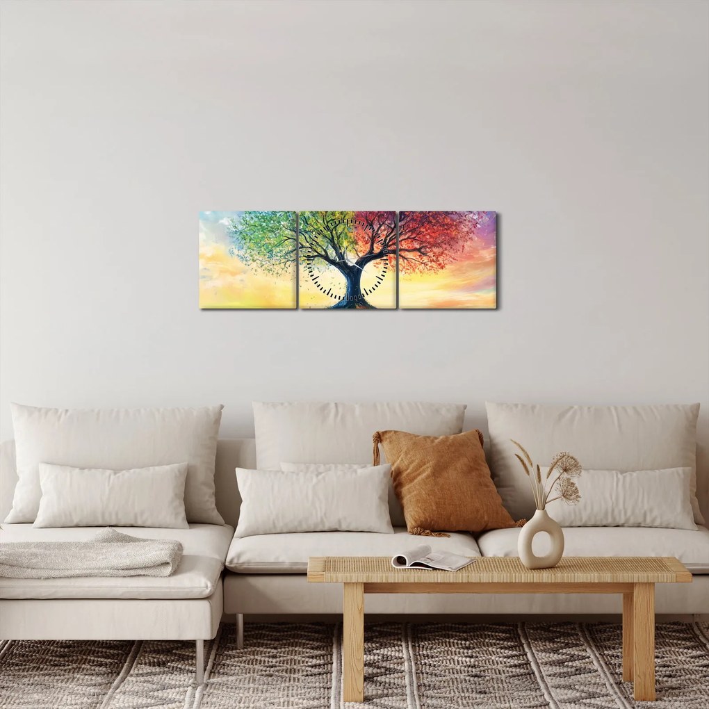 Obraz – Maľovaný strom ročných období (s hodinami) (90x30 cm)