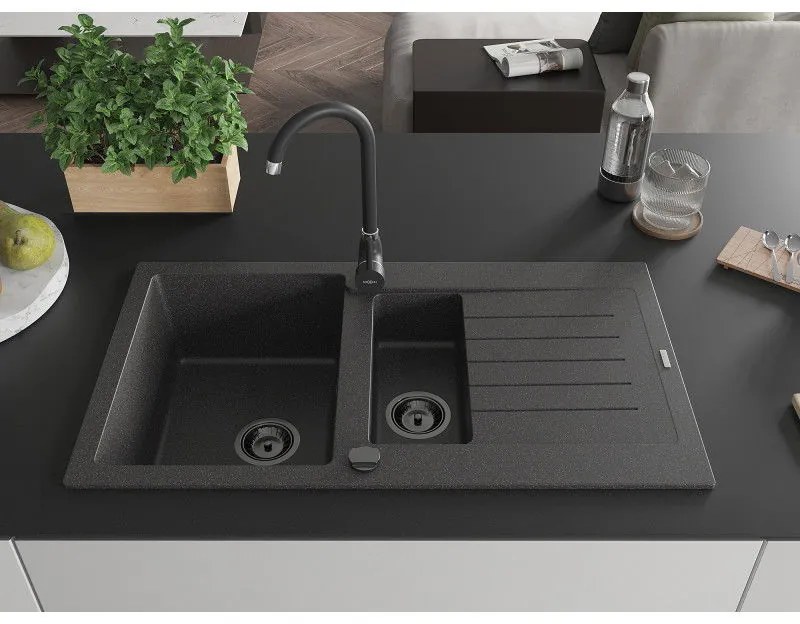 Mexen Matias, granitový drez 900x505x200 mm, 1,5-komorový a čierna batéria Telma, čierna škvrnitá, 6502-76-670200-70-B