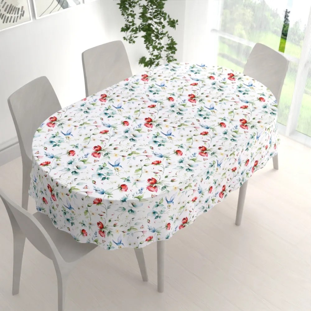 Biante Teflónový oválny obrus TF-116 Akvarelové kvety s kolibríkmi na bielom 80x120 cm
