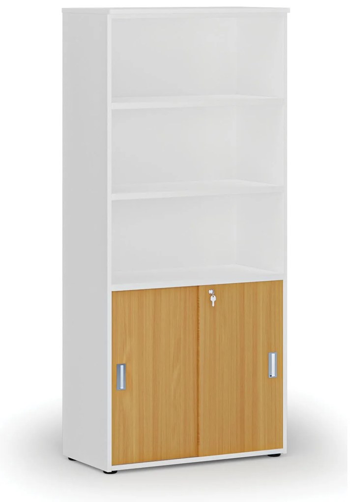 Kombinovaná kancelárska skriňa PRIMO WHITE, zasúvacie dvere na 2 poschodia, 800 x 420 x 1781 mm, biela/buk