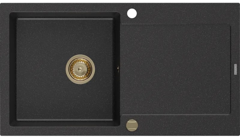 Mexen Leo, drez granitový 900x500x190 mm, 1-komorový, čierna-strieborná metalíza so zlatým sifónom, 6501901010-73-G